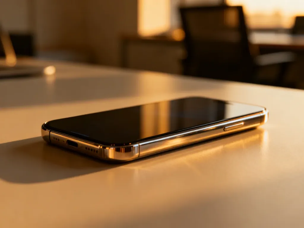 Nowoczesny smartfon iPhone 13 leżący na minimalistycznym biurku w ciepłym świetle zachodzącego słońca.
