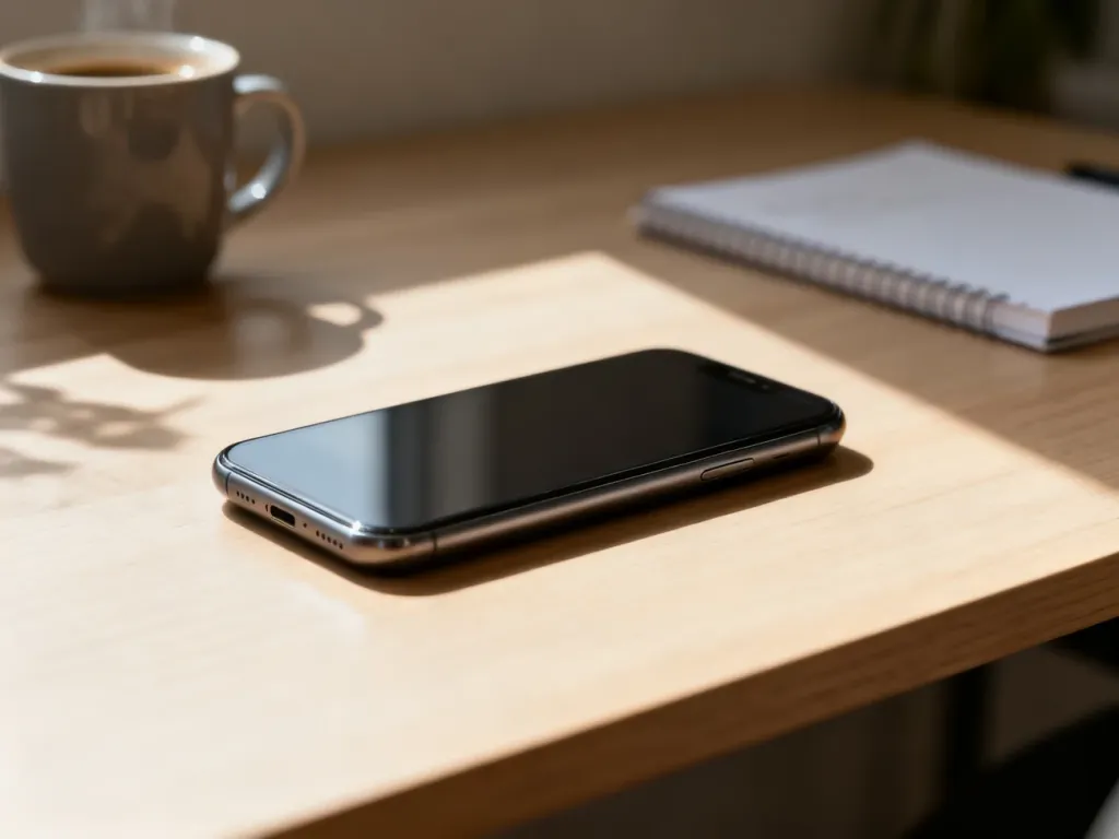 Nowoczesny smartfon leżący na minimalistycznym drewnianym biurku w świetle poranka.