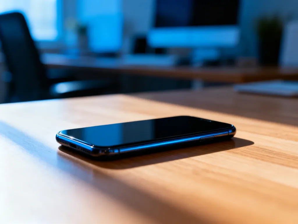 Nowoczesny smartfon leżący na drewnianym biurku, prezentujący minimalistyczny design urządzenia.
