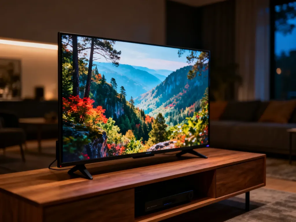 Nowoczesny telewizor 4K wyświetlający żywy krajobraz przyrody w przytulnym, stylowym salonie.