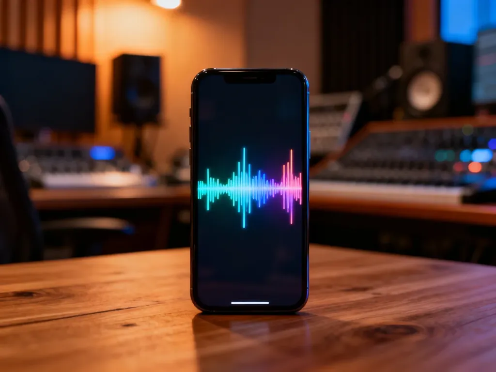 Nowoczesny smartfon z wyświetloną kolorową falą dźwiękową na ekranie, umieszczony na drewnianym biurku w studiu nagraniowym.