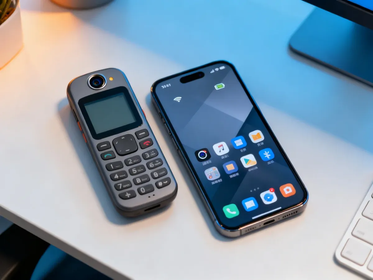 Telefon klasyczny i smartfon zestawione obok siebie na biurku