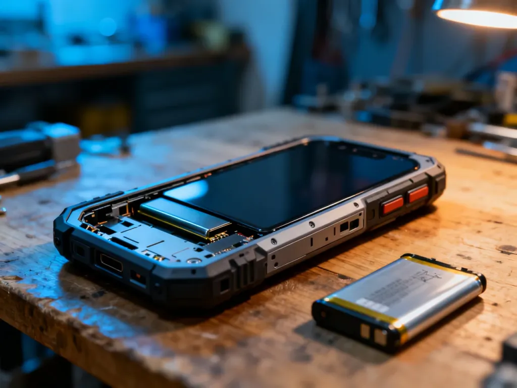Nowoczesny smartfon modułowy z wyjętą baterią na drewnianym blacie, prezentujący łatwość wymiany akumulatora.