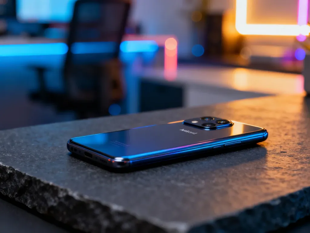 Nowoczesny smartfon z Androidem na ciemnym, kamiennym tle, prezentujący wysoką jakość wykonania i zaawansowany aparat.