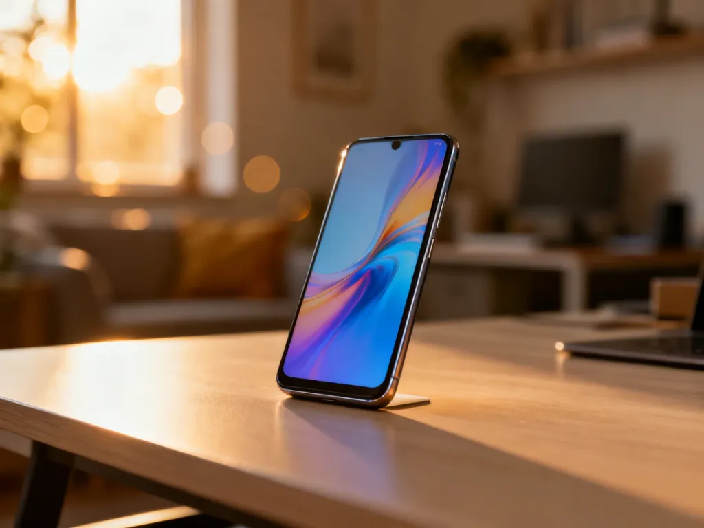Nowoczesny smartfon ze średniej półki leżący na minimalistycznym biurku w przytulnym domowym biurze.
