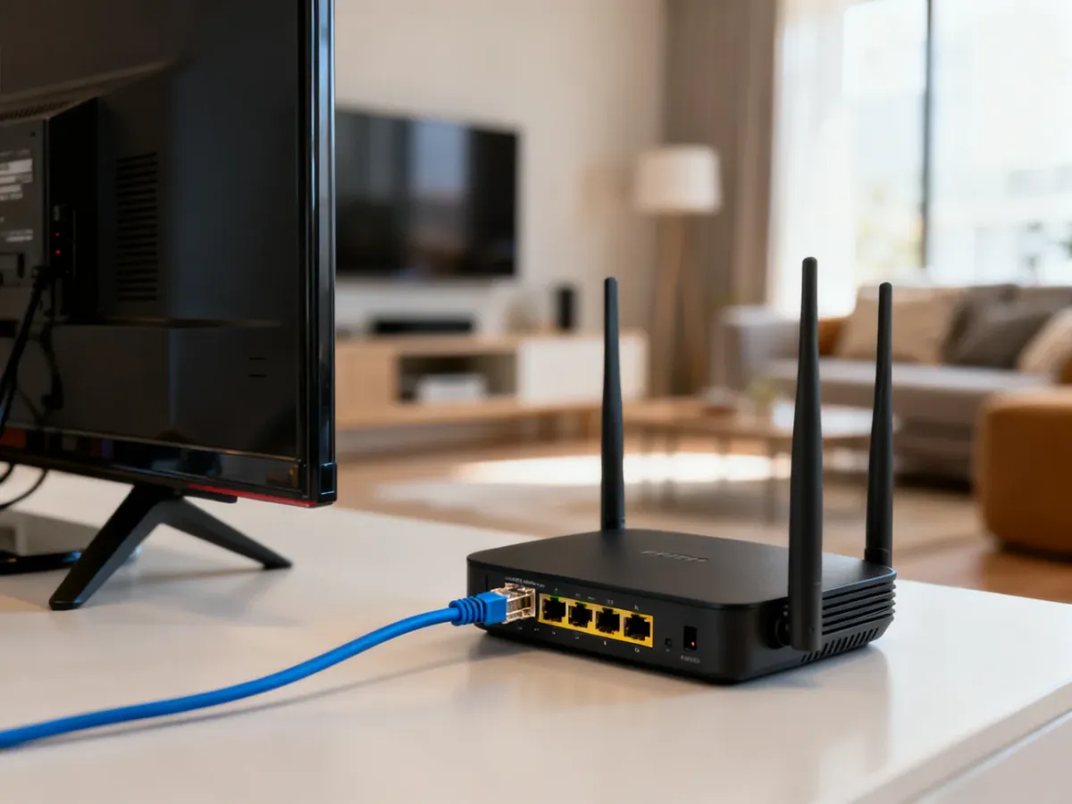 Telewizor połączony kablem Ethernet z routerem