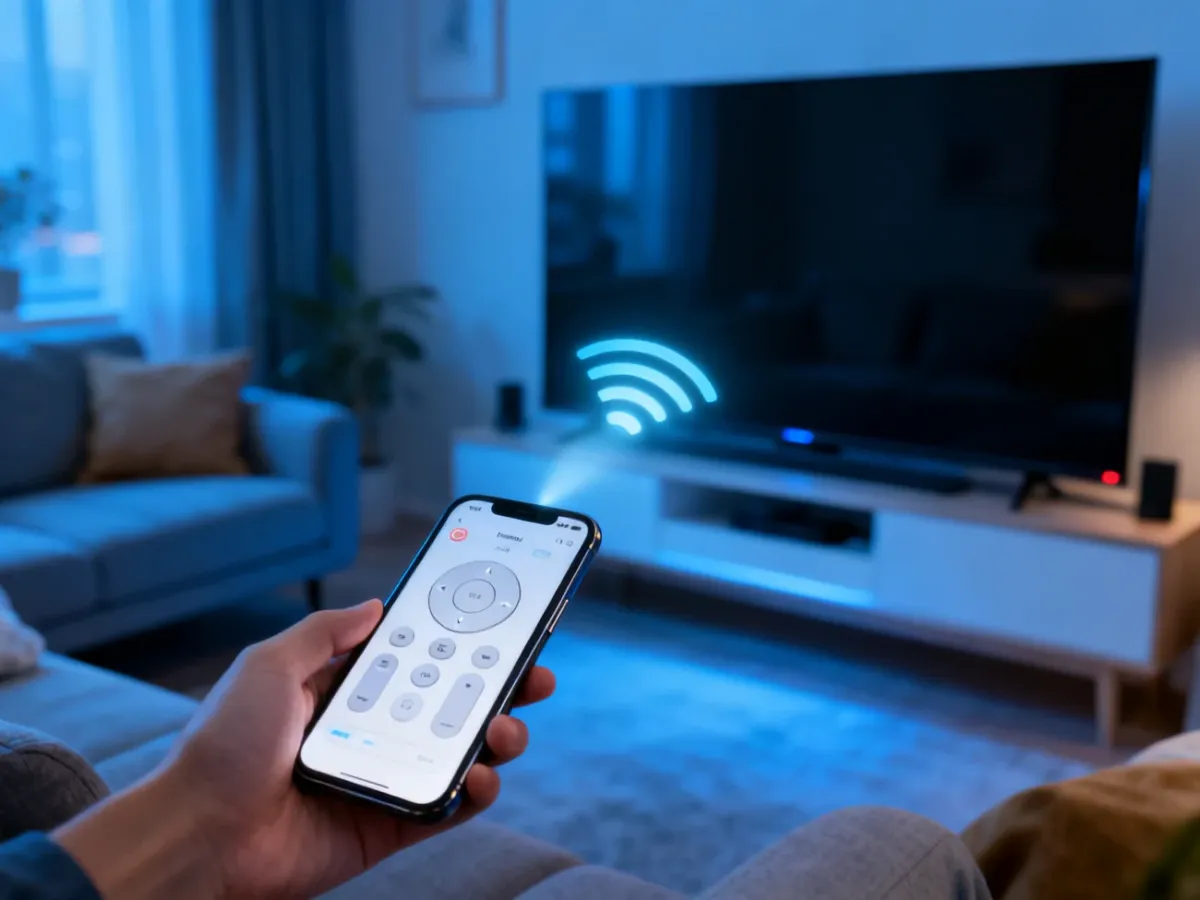 Smartfon z aplikacją pilota skierowany w stronę telewizora Smart TV