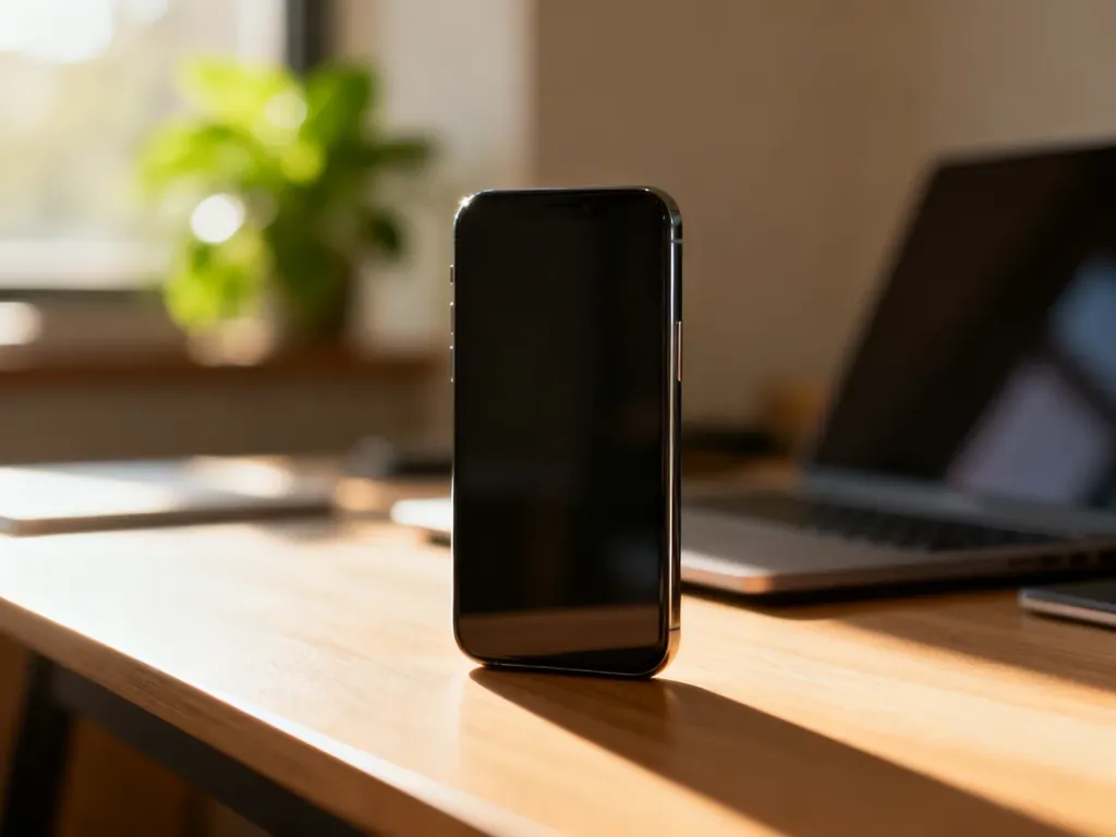 Nowoczesny smartfon na minimalistycznym biurku w domowym biurze, gotowy do codziennej pracy.