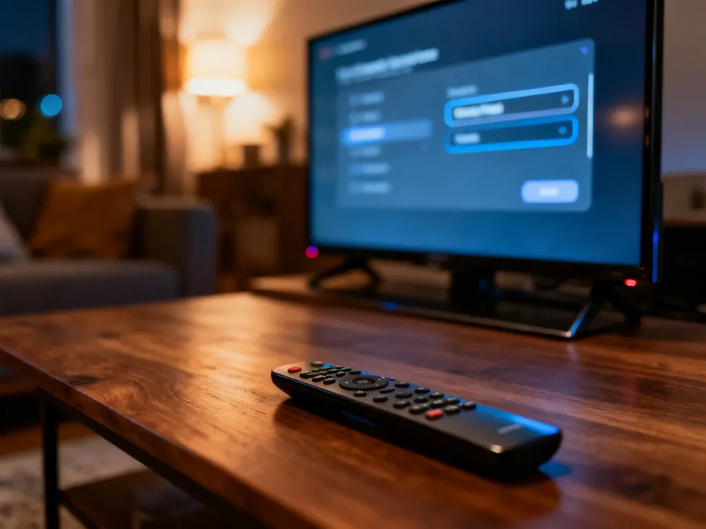 Nowoczesny telewizor z menu ustawień oraz pilot leżący na stole, ilustrujące proces konfiguracji urządzenia.