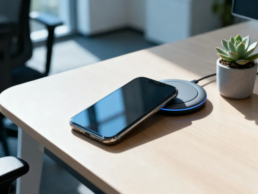 Nowoczesny smartfon leżący na drewnianym biurku obok ładowarki bezprzewodowej i rośliny w minimalistycznym stylu.
