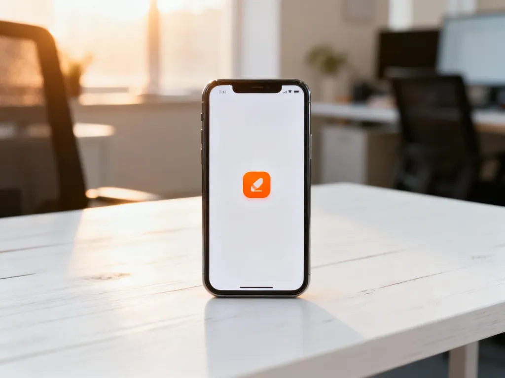 Nowoczesny smartfon z pomarańczową ikoną powiadomienia na jasnym biurku, symbolizujący ofertę abonamentową Orange.