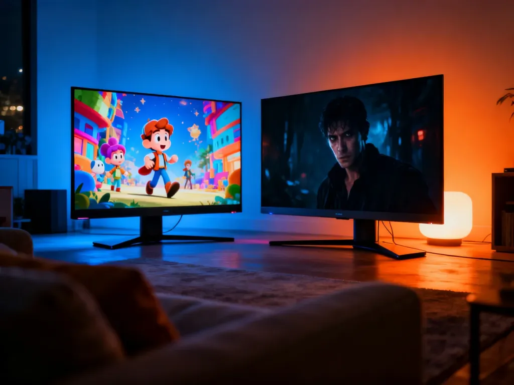 Dwa nowoczesne telewizory w przytulnym salonie, prezentujące różnorodne gatunki filmowe dostępne na platformach streamingowych.