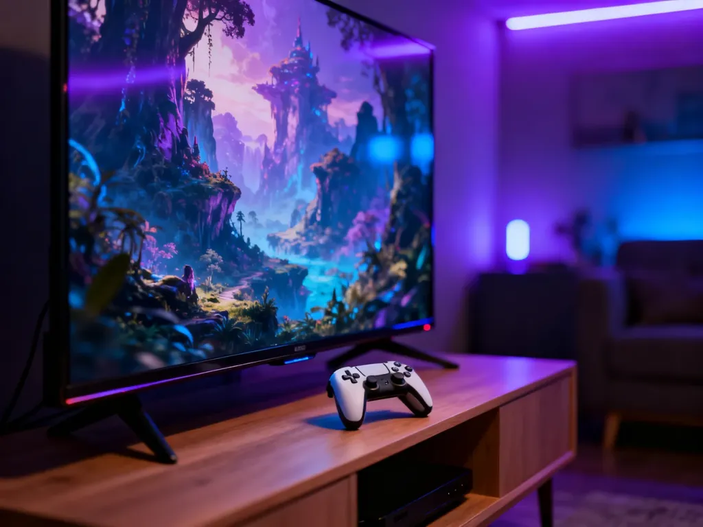 Nowoczesny telewizor 4K z kontrolerem do gier w pokoju z nastrojowym podświetleniem LED, idealny do konsoli Xbox.