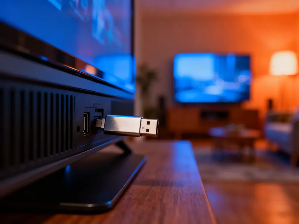 Dłoń wkładająca pendrive do portu USB z tyłu nowoczesnego telewizora Smart TV.