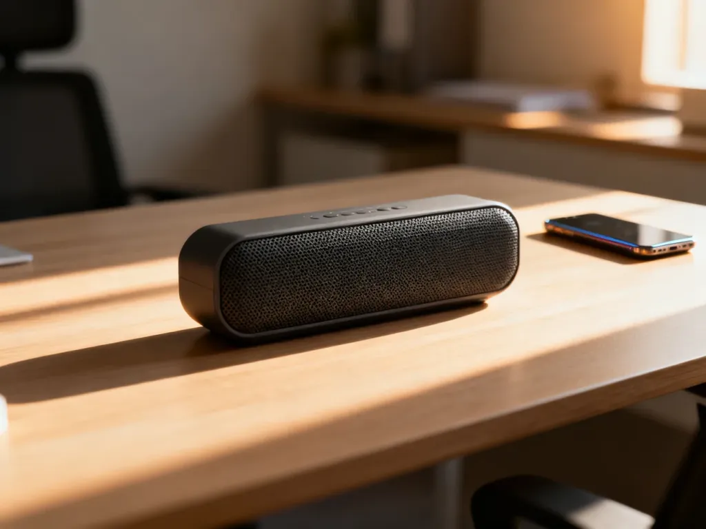 Nowoczesny głośnik Bluetooth na drewnianym biurku obok smartfona, prezentujący estetyczne rozwiązanie do słuchania muzyki.