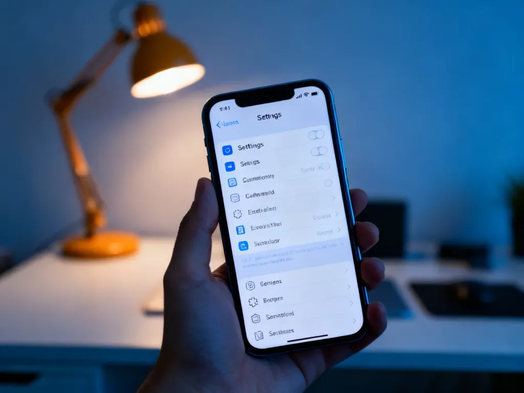 Dłoń trzymająca smartfon z otwartym menu ustawień na ekranie, w tle rozmyte biurko w ciepłym świetle lampy.