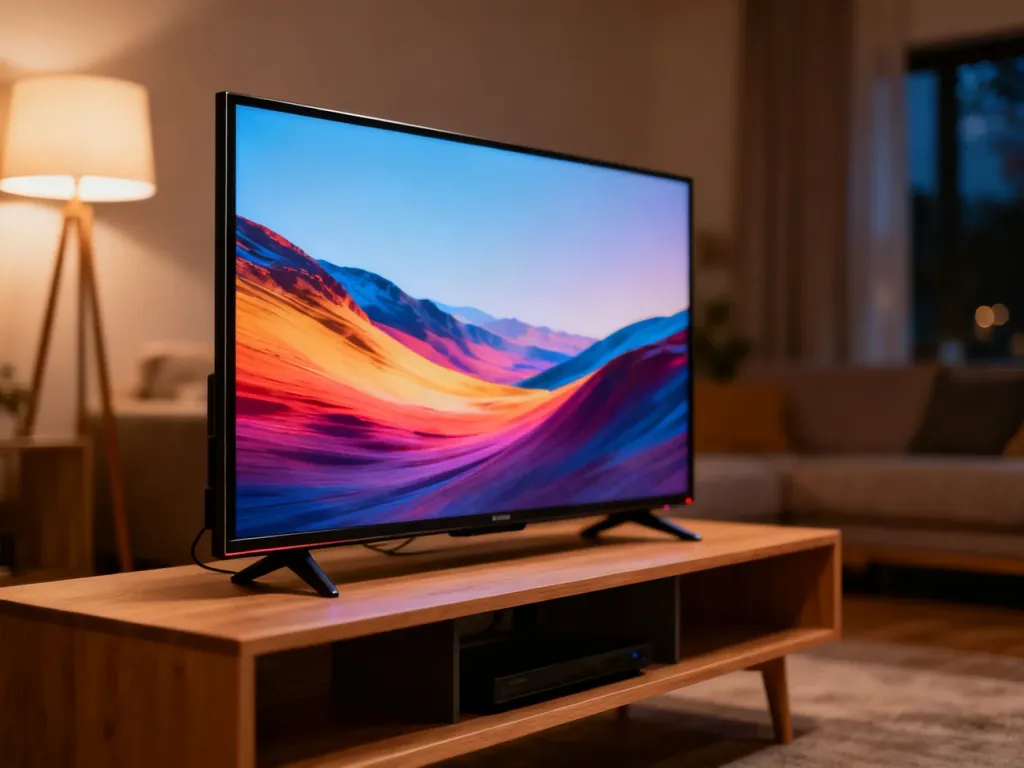 Nowoczesny 40-calowy telewizor na drewnianej szafce w przytulnym salonie, prezentujący smukłą ramkę ekranu.