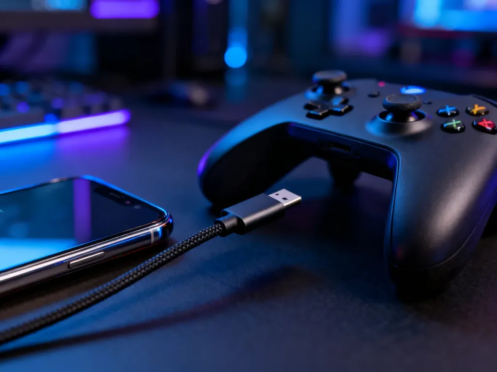 Smartfon połączony kablem USB-C z kontrolerem do gier w klimatycznym, gamingowym oświetleniu.