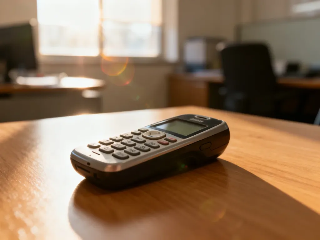Klasyczny telefon komórkowy z klawiaturą leżący na drewnianym biurku w słonecznym biurze.