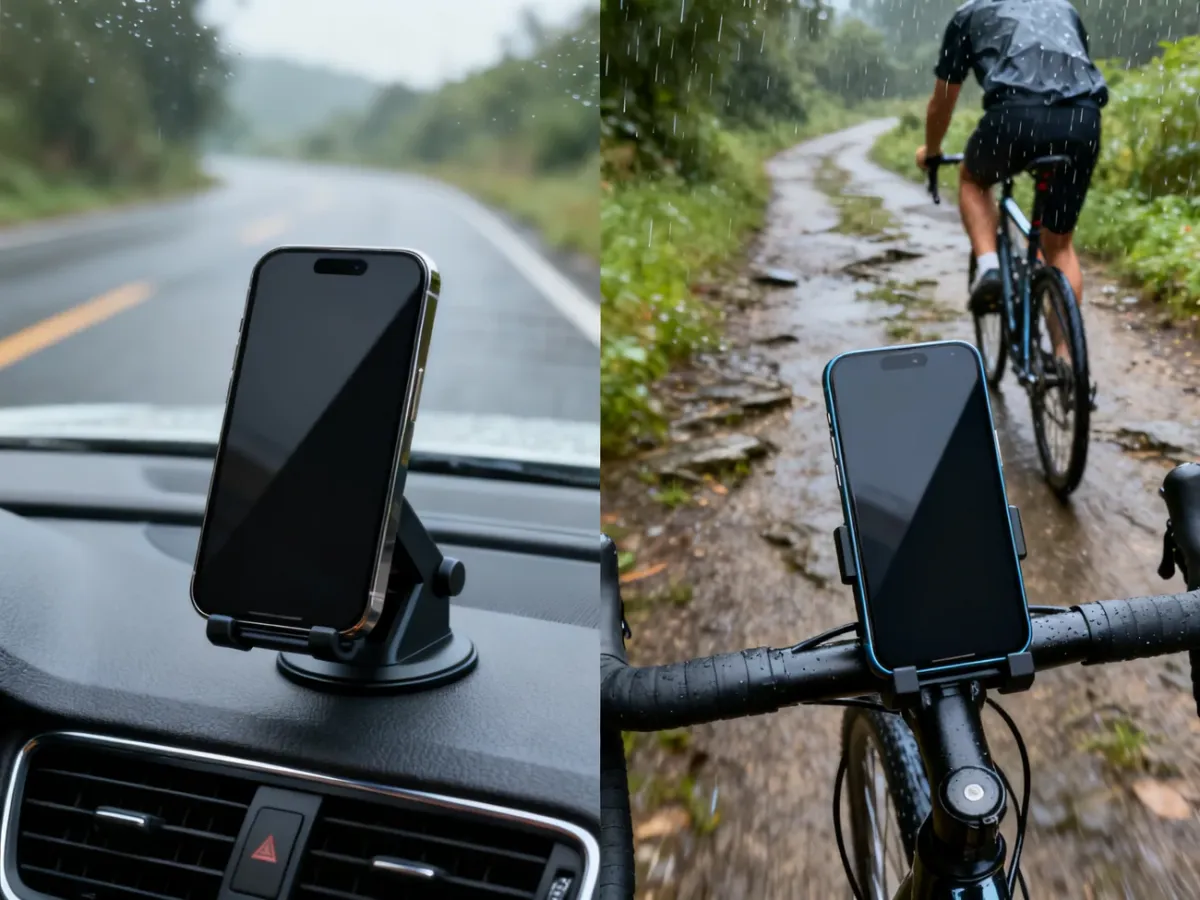 Smartfon zamocowany w uchwycie samochodowym i rowerowym