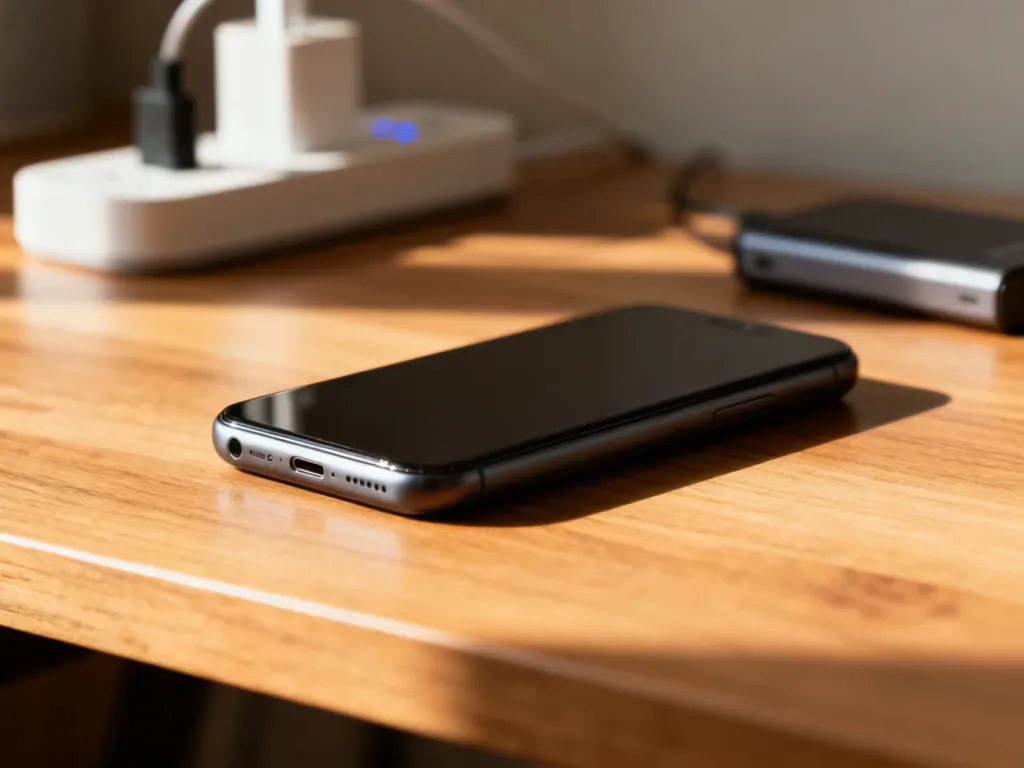 Nowoczesny smartfon z pojemną baterią leżący na drewnianym biurku w świetle poranka.