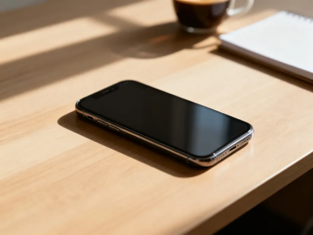 Nowoczesny smartfon leżący na drewnianym biurku w otoczeniu notatnika i kawy, idealny do przeglądu budżetowych modeli.