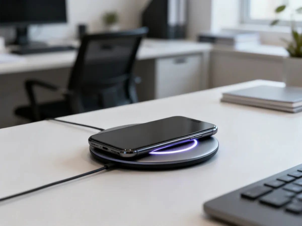Smartfon umieszczony centralnie na bezprzewodowej ładowarce Qi