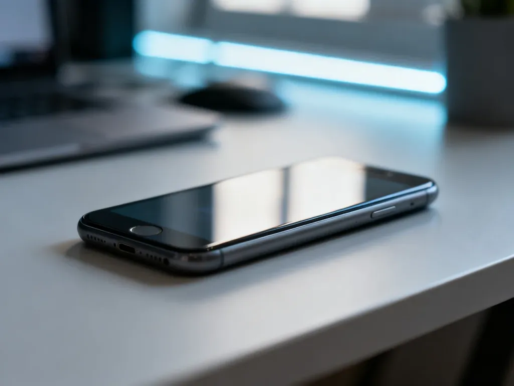 Nowoczesny smartfon Motorola leżący na minimalistycznym biurku w profesjonalnym, technologicznym otoczeniu.
