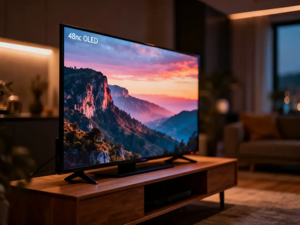 Nowoczesny telewizor OLED 48 cali wyświetlający kinowy krajobraz w przytulnym, stylowym salonie.