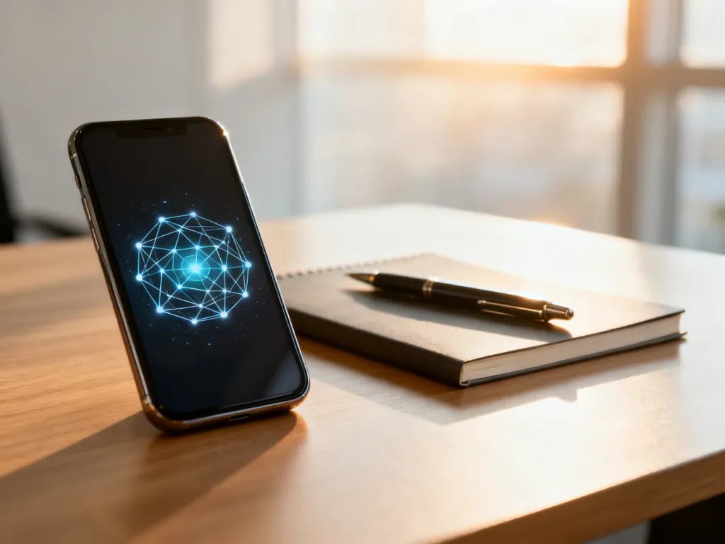 Nowoczesny smartfon na biurku z ikoną sieci, symbolizujący wybór najlepszego abonamentu komórkowego.
