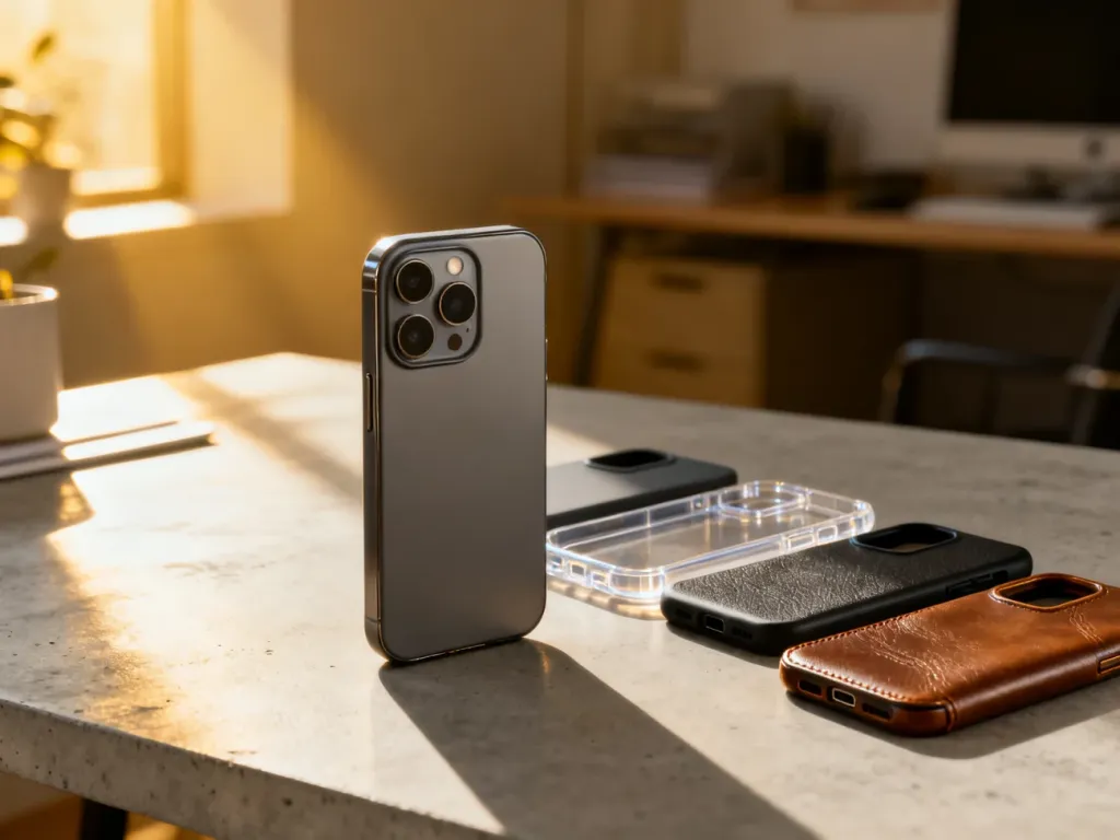 Smartfon Redmi Note 13 Pro leżący na biurku w otoczeniu różnych modeli etui ochronnych, od silikonowych po skórzane.