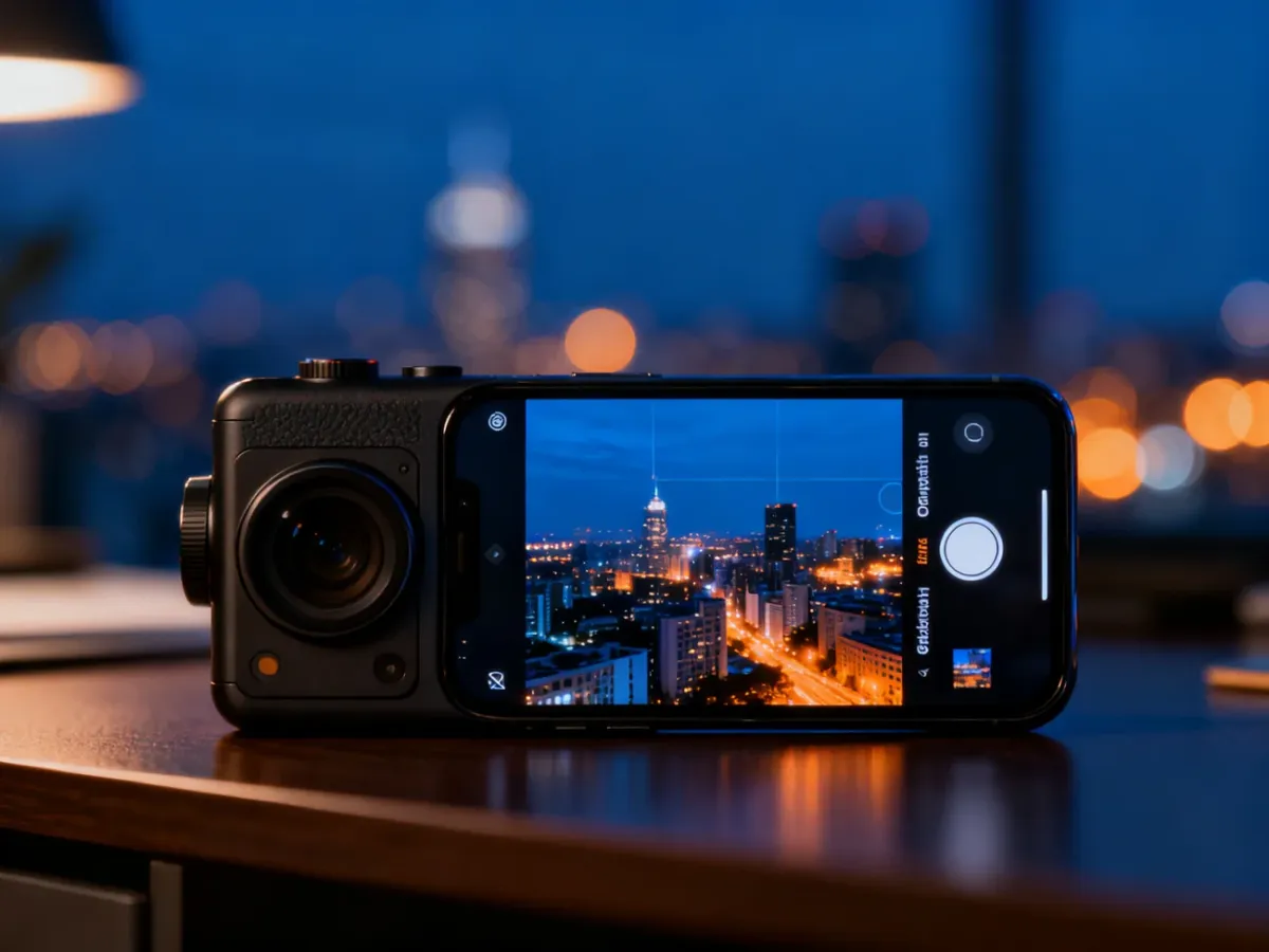 Smartfon z zaawansowanym aparatem fotografujący nocną miejską scenę