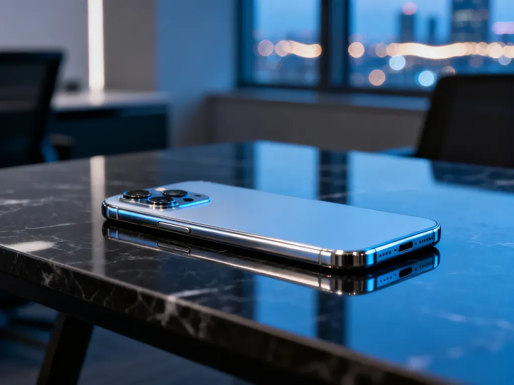 Nowoczesny smartfon Google Pixel 10 Pro leżący na marmurowym biurku w minimalistycznym, profesjonalnym biurze.