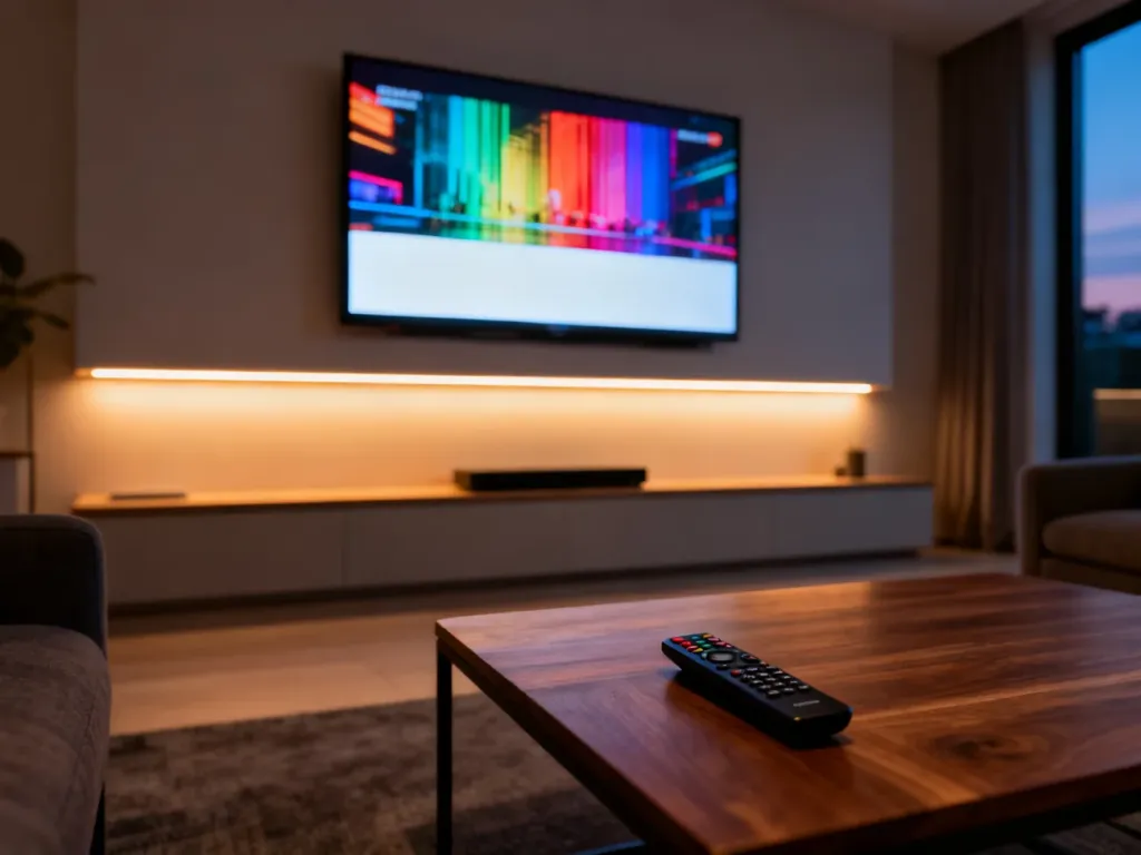 Nowoczesny salon z telewizorem wyświetlającym obraz bez napisów oraz pilotem leżącym na stoliku.