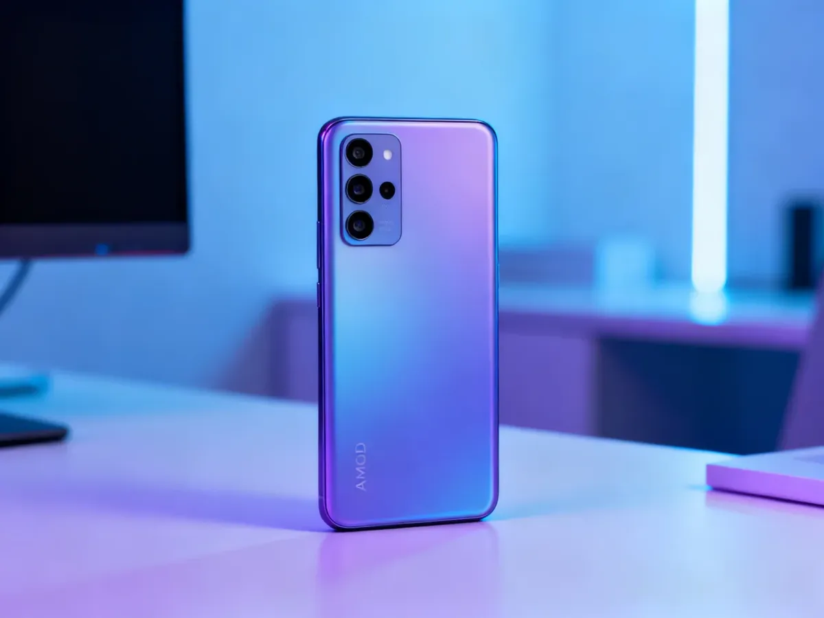 Nowoczesny smartfon klasy średniej ustawiony na minimalistycznym biurku