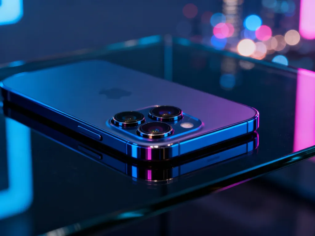 Nowoczesny smartfon z zaawansowanym potrójnym aparatem na tle rozmytych świateł miasta, podkreślający jakość fotografii mobilnej.