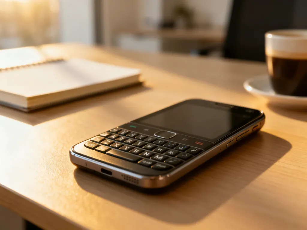 Nowoczesny telefon z fizyczną klawiaturą QWERTY leżący na drewnianym biurku w słonecznym domowym biurze.