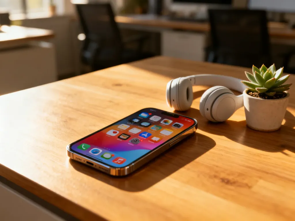Nowoczesny smartfon leżący na drewnianym biurku obok słuchawek i rośliny, prezentujący wyraźny ekran z ikonami aplikacji.