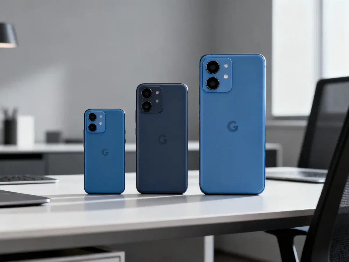 Trzy smartfony Google Pixel reprezentujące serie a, bazową i Pro