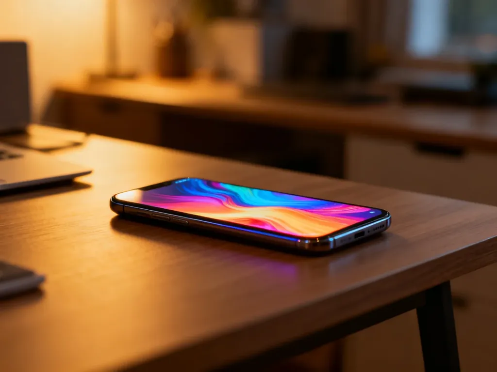 Nowoczesny smartfon Samsung z kolorowym wyświetlaczem na minimalistycznym biurku w domowym biurze.