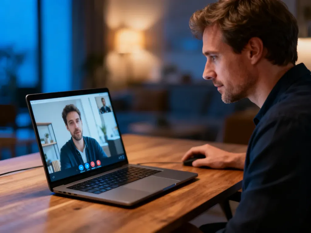 Mężczyzna siedzący przy biurku przed laptopem z otwartym interfejsem rozmowy wideo Skype w przytulnym domowym biurze.