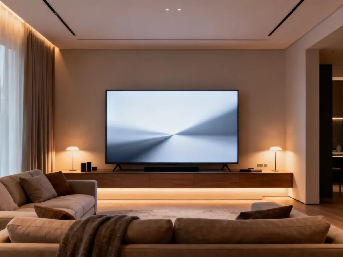 Telewizor 4K ustawiony naprzeciw kanapy w komfortowej strefie oglądania