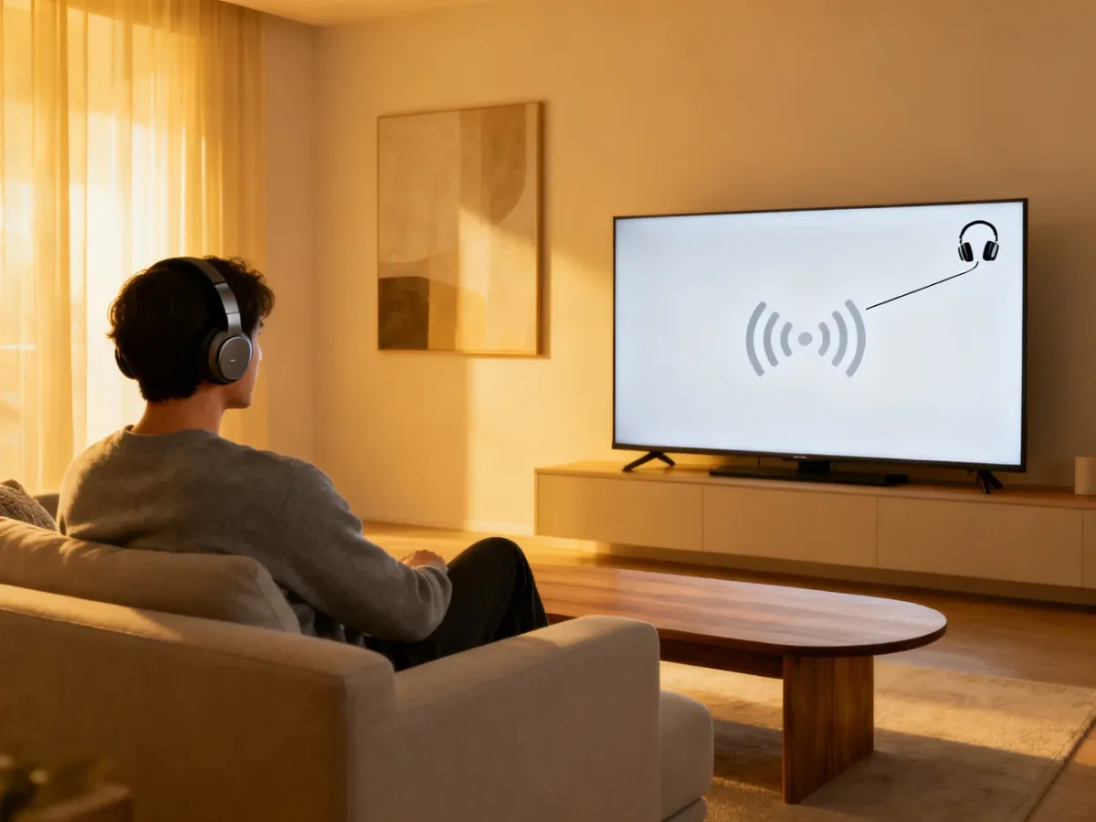 Osoba oglądająca telewizję w słuchawkach bezprzewodowych Bluetooth