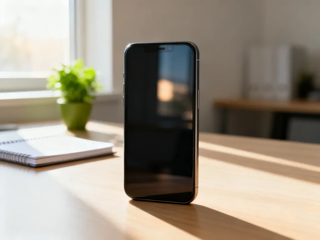 Nowoczesny budżetowy smartfon na minimalistycznym drewnianym biurku w jasnym, domowym biurze.
