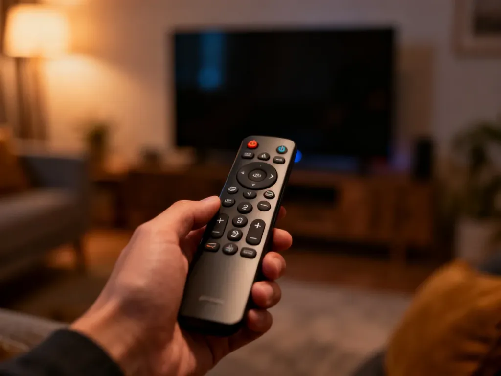 Dłoń trzymająca pilot do telewizora Samsung skierowany w stronę ekranu, gotowa do zmiany ustawień napisów.