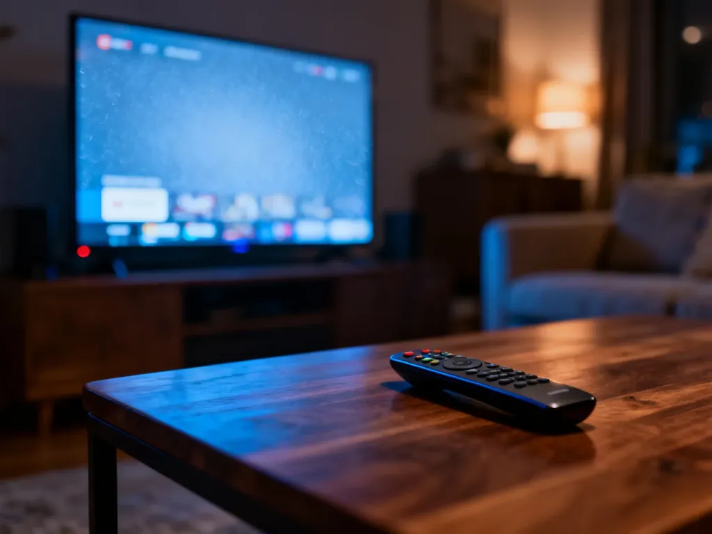 Zamarznięty ekran telewizora w przytulnym salonie, sugerujący problemy z działaniem aplikacji streamingowej.