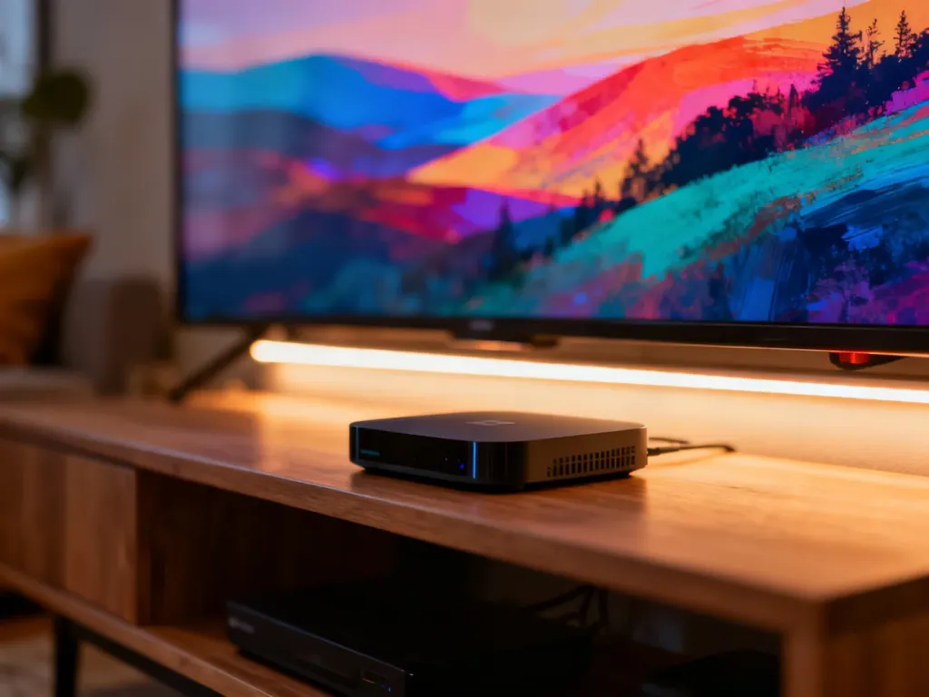 Nowoczesna przystawka Smart TV na drewnianej szafce w przytulnym salonie z podświetleniem LED w tle.