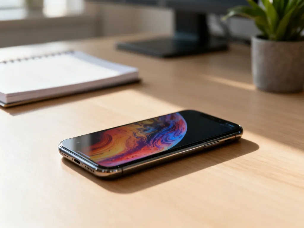 Smartfon Xiaomi Redmi Note 13 leżący na drewnianym biurku w minimalistycznym domowym biurze.