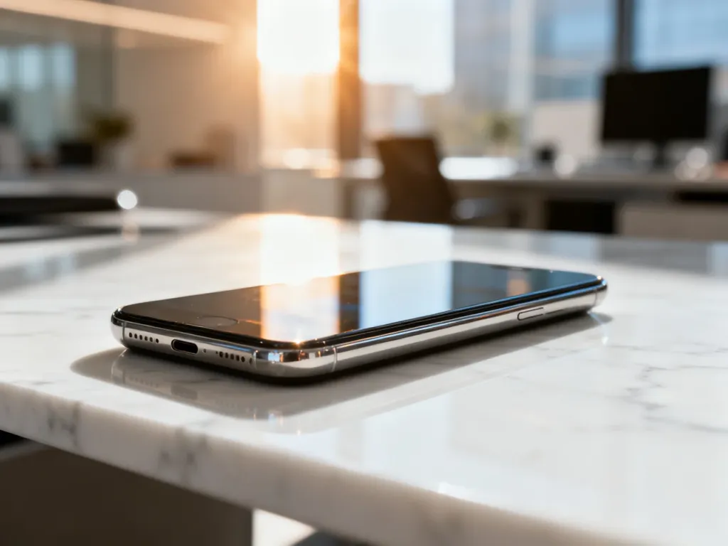 Nowoczesny smartfon leżący na marmurowym biurku w jasnym, profesjonalnym biurze.