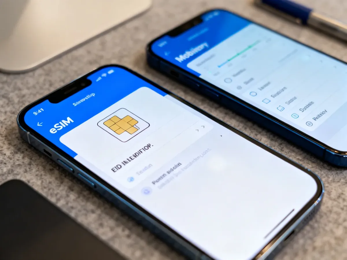 Smartfony z ekranami ustawień eSIM i numerem EID